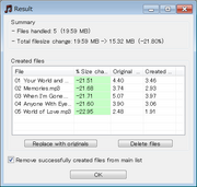 変換後は、オリジナルのMP3ファイルと変換後のファイルのサイズが表示される